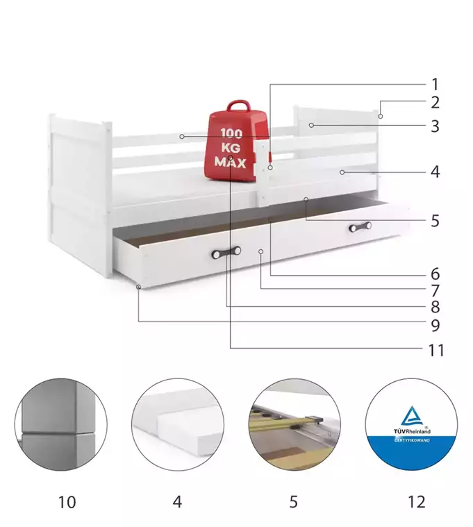 RICO viengulė jaunimo lova 90x190 su čiužiniu ir stalčiumi, balta - Paveikslėlis 6