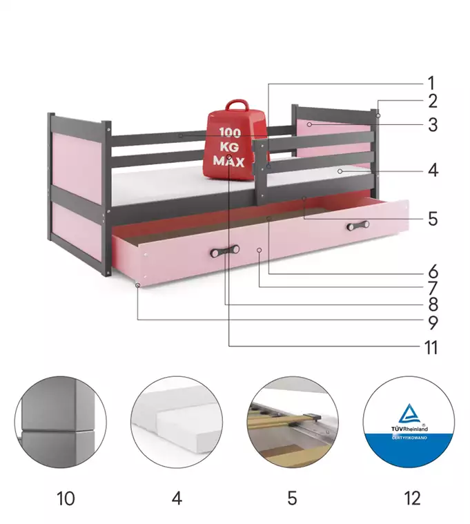 RICO viengulė jaunimo lova 90x190 su stalčiumi, grafito spalvos/rožinė - Paveikslėlis 6