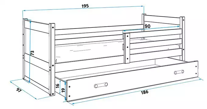 RICO viengulė jaunimo lova 90x190 su stalčiumi, pušis/mėlyna - Paveikslėlis 3