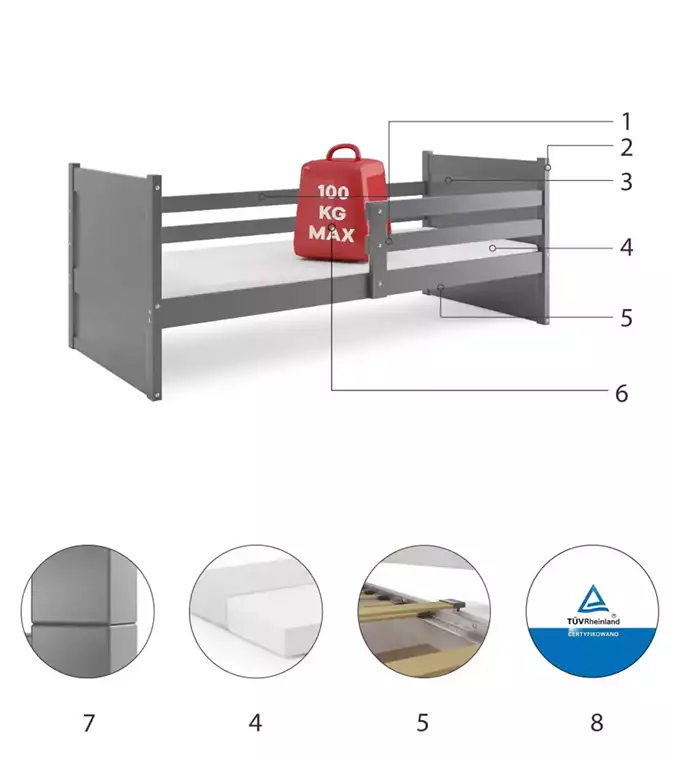 RICO viengulė jaunimo lova 90x200, grafito spalvos - Paveikslėlis 6
