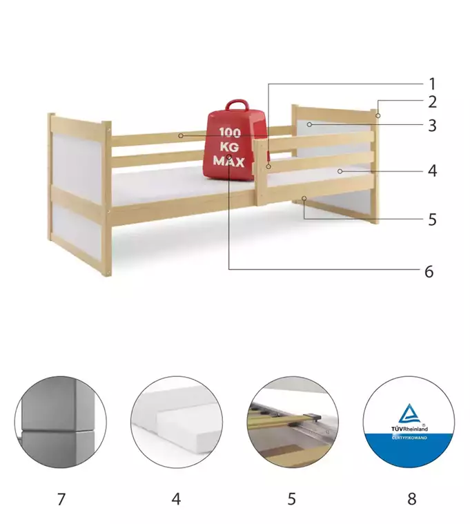 RICO viengulė lova jaunimui 90x200, pušis/balta - Paveikslėlis 6