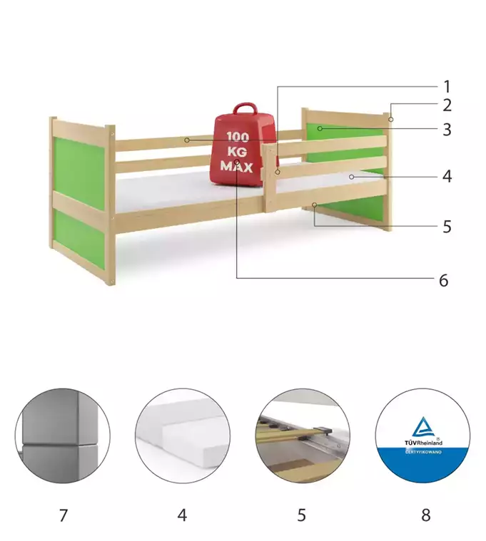 RICO viengulė lova jaunimui 90x200, pušis/žalia - Paveikslėlis 6