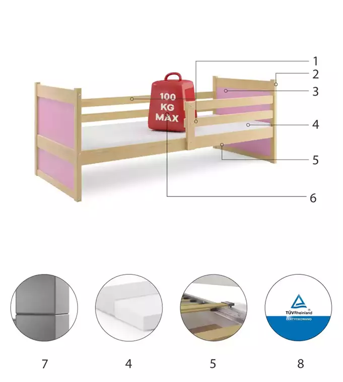RICO viengulė jaunimo lova 90x200 su čiužiniu, pušis/rožinė - Paveikslėlis 6