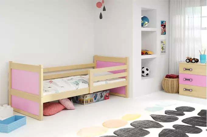 RICO viengulė jaunimo lova 90x200 su čiužiniu, pušis/rožinė - Paveikslėlis 4