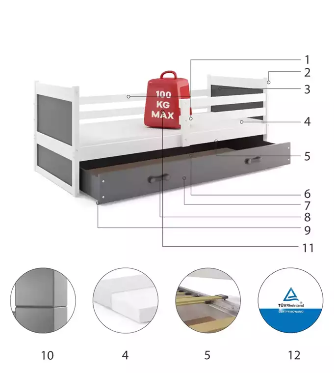 RICO viengulė jaunimo lova 90x200 su stalčiumi, balta/grafito spalvos - Paveikslėlis 6