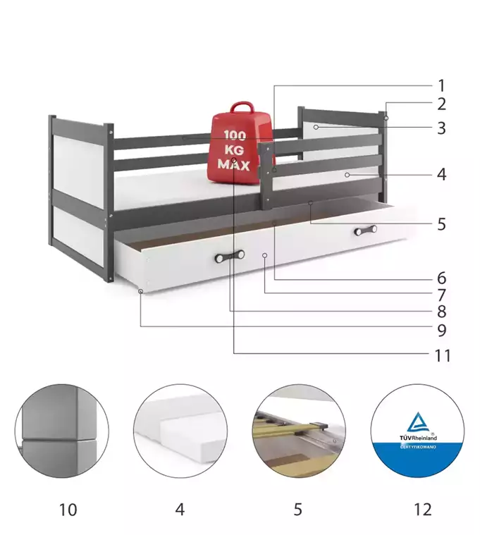 RICO viengulė jaunimo lova 90x200 su stalčiumi, grafito spalvos/balta - Paveikslėlis 6