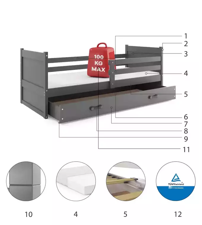 RICO viengulė jaunimo lova 90x200 su stalčiumi, grafito spalvos - Paveikslėlis 6
