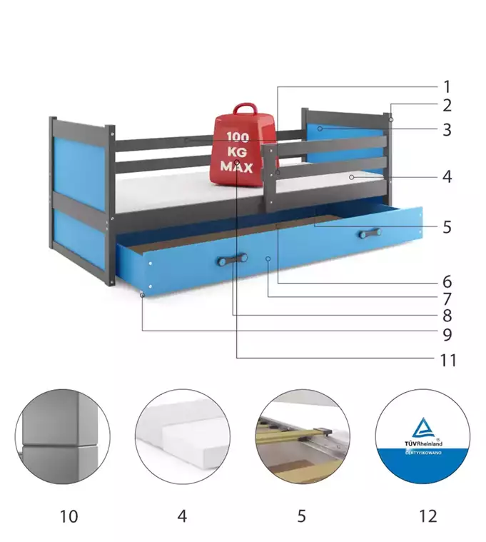 RICO viengulė jaunimo lova 90x200 su stalčiumi, grafito/mėlyna - Paveikslėlis 6