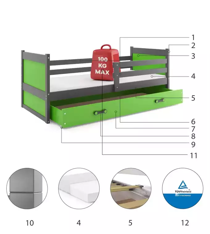RICO viengulė jaunimo lova 90x200 su stalčiumi, grafito/žalia - Paveikslėlis 6