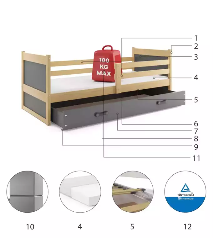 RICO viengulė jaunimo lova 90x200 su stalčiumi, pušis/grafitas - Paveikslėlis 6