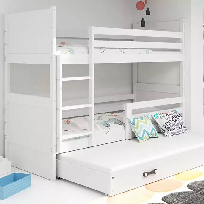 RICO 90X200 trijų asmenų jaunimo lova su čiužiniu ir stalčiumi, balta