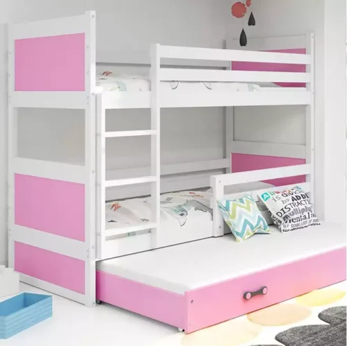 RICO 90X200 trijų asmenų jaunimo lova su čiužiniu ir stalčiumi, balta/rožinė