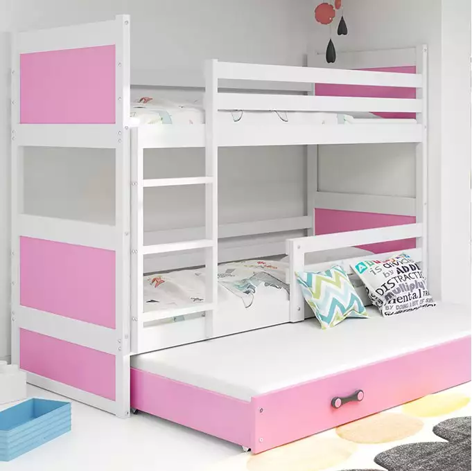 RICO 90X200 trijų asmenų jaunimo lova su čiužiniu ir stalčiumi, balta/rožinė