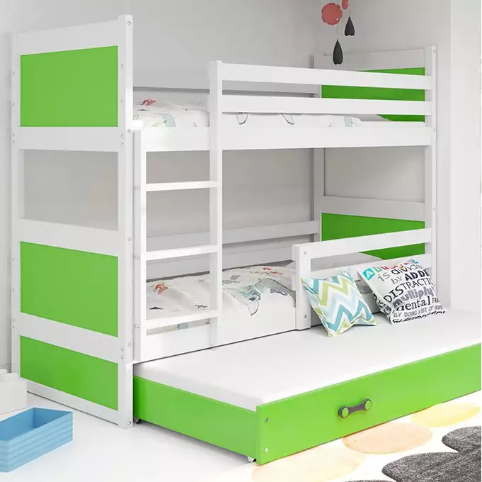 RICO 90X190 trijų asmenų jaunimo lova su čiužiniu ir stalčiumi, balta/žalia