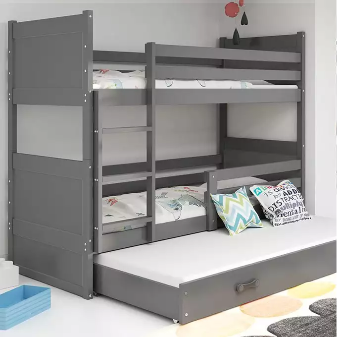 RICO 90X200 trijų asmenų jaunimo lova su čiužiniu ir stalčiumi, grafito spalvos