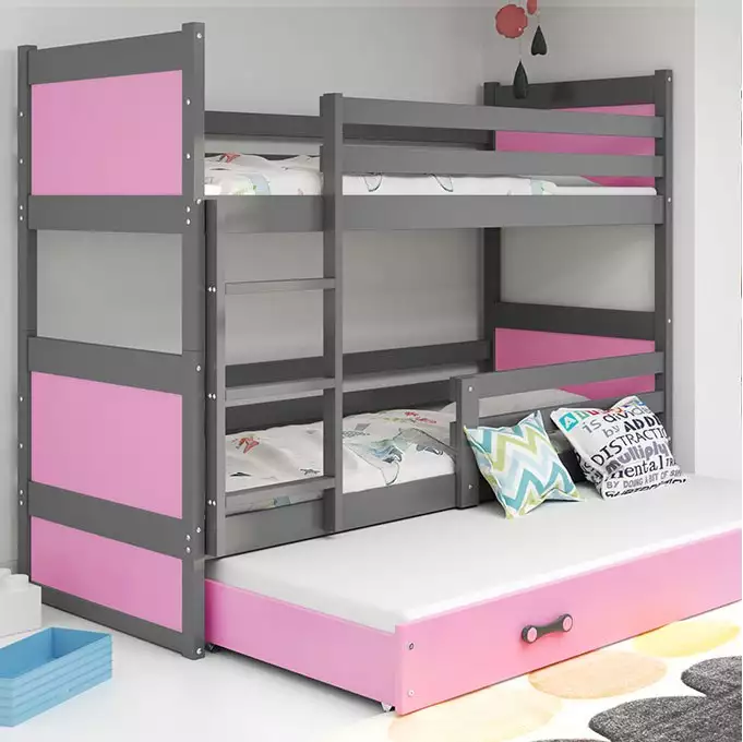 RICO 90X190 trivietė jaunimo lova su čiužiniu ir stalčiumi, grafito/rožinė