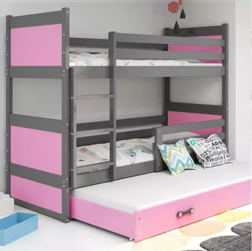 RICO 90X190 trijų asmenų jaunimo lova su stalčiumi, grafito/rožinė