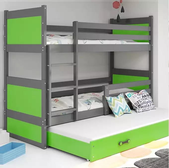 RICO 90X190 trijų asmenų jaunimo lova su stalčiumi, grafito/žalia