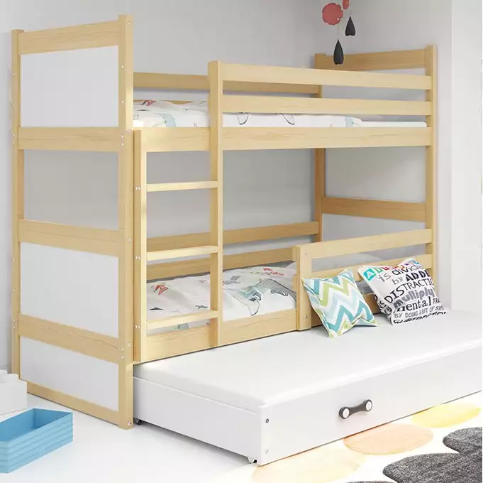 RICO 90X200 trijų asmenų jaunimo lova su čiužiniu ir stalčiumi, pušis/balta