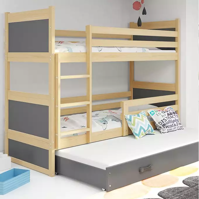 RICO 90X190 trijų asmenų jaunimo lova su čiužiniu ir stalčiumi, pušis/grafitas