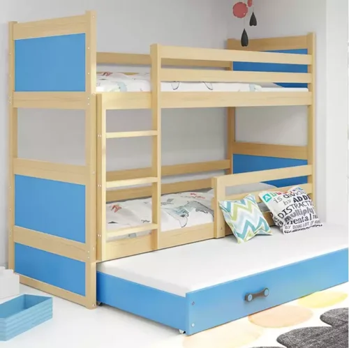 RICO 90X200 trijų asmenų jaunimo lova su čiužiniu ir stalčiumi, pušis/mėlyna