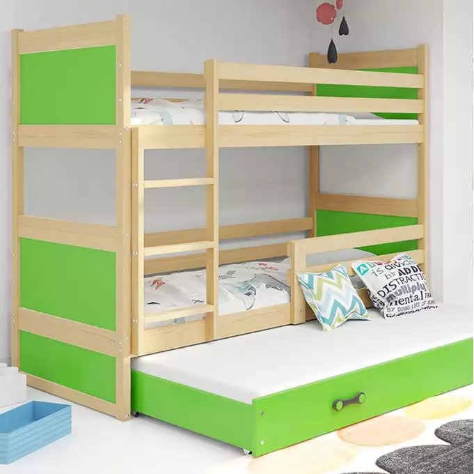 RICO 90X190 trijų asmenų jaunimo lova su čiužiniu ir stalčiumi, pušis/žalia