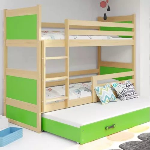 RICO 90X200 trijų asmenų jaunimo lova su stalčiumi, pušis/žalia