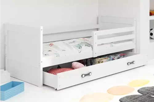 RICO viengulė jaunimo lova 80×190 su čiužiniu ir stalčiumi, balta