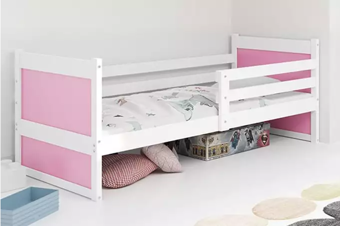 RICO viengulė jaunimo lova 90x190 su čiužiniu, balta/rožinė