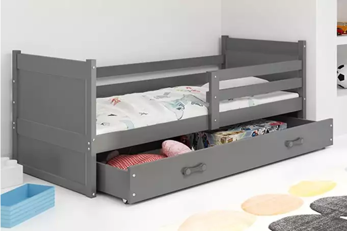 RICO viengulė jaunimo lova 90x190 su čiužiniu ir stalčiumi, grafito spalvos