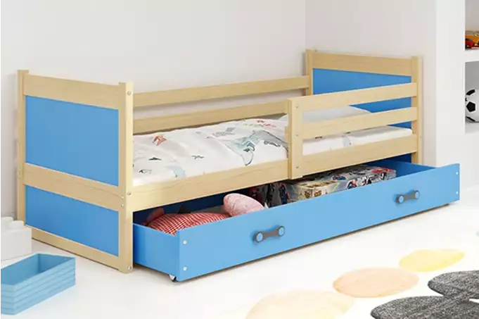 RICO viengulė jaunimo lova 90x200 su čiužiniu ir stalčiumi, pušis/mėlyna