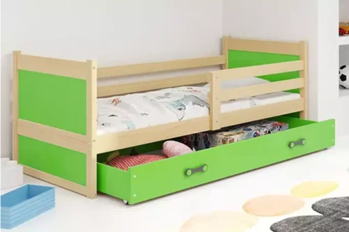 RICO viengulė jaunimo lova 80×190 su čiužiniu ir stalčiumi, pušis/žalia