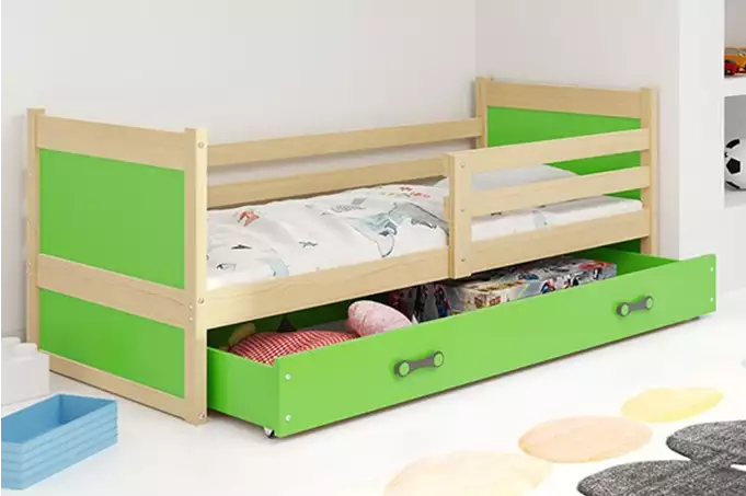 RICO viengulė jaunimo lova 90x190 su čiužiniu ir stalčiumi, pušis/žalia