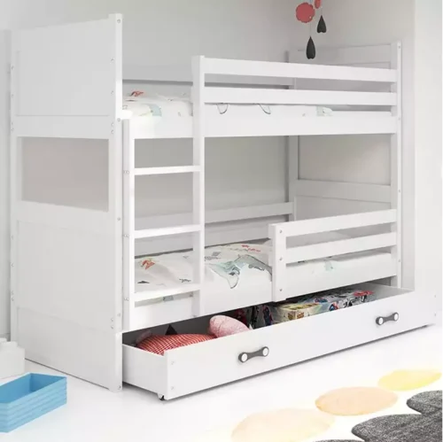 RICO jaunimo dviaukštė lova 90×190 su čiužiniu ir stalčiumi, balta