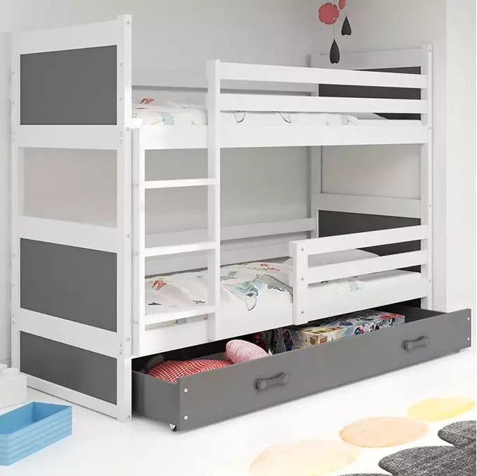 RICO jaunimo dviaukštė lova 90x190 su stalčiumi, balta/grafito spalvos