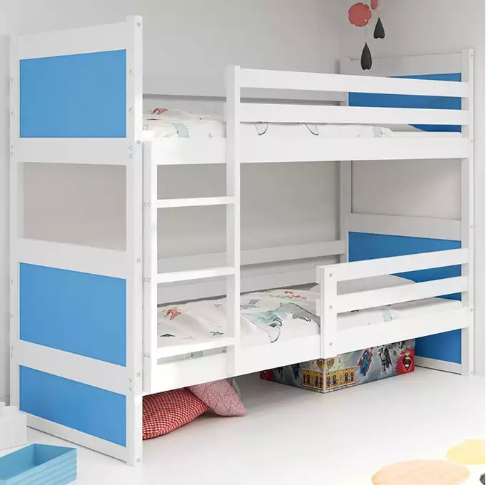 RICO jaunimo dviaukštė lova 90x200 su čiužiniu, balta/mėlyna