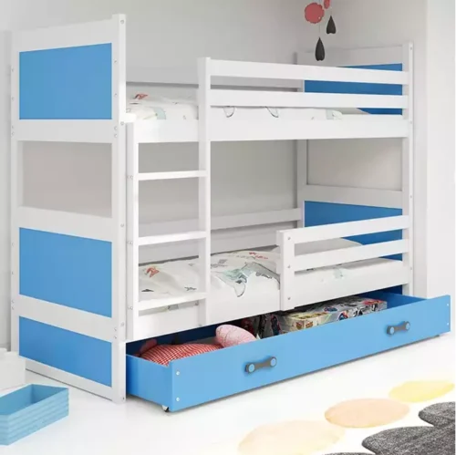 RICO jaunimo dviaukštė lova 90×190 su čiužiniu ir stalčiumi, balta/mėlyna