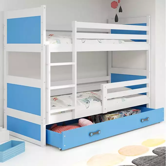 RICO jaunimo dviaukštė lova 90x190 su čiužiniu ir stalčiumi, balta/mėlyna