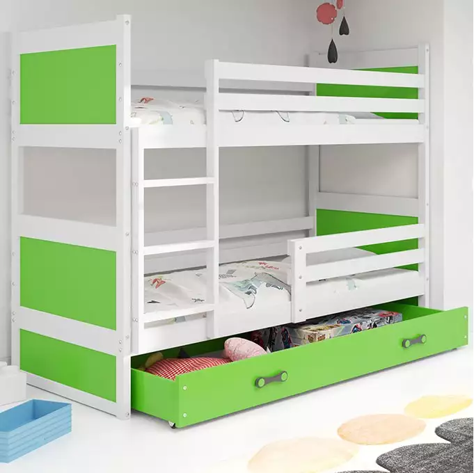 RICO jaunimo dviaukštė lova 90x200 su čiužiniu ir stalčiumi, balta/žalia