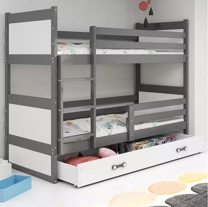 RICO jaunimo dviaukštė lova 90x190 su čiužiniu ir stalčiumi, grafito spalvos/balta