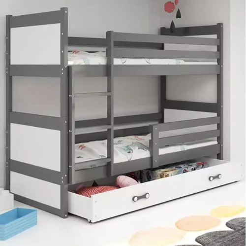 RICO 90X200 jaunimo dviaukštė lova su čiužiniu ir stalčiumi, grafito/balta