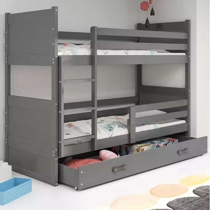 RICO jaunimo dviaukštė lova 90x190 su stalčiumi, grafito spalvos