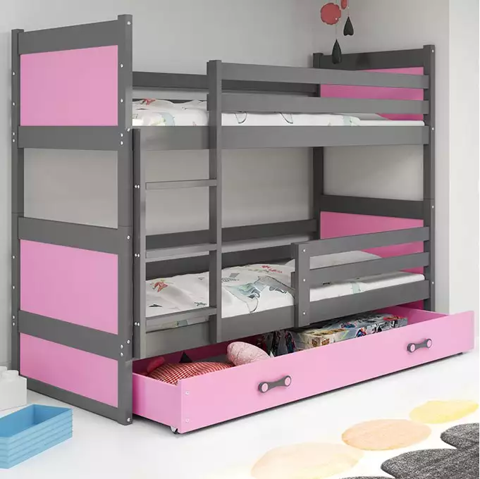 RICO jaunimo dviaukštė lova 90x190 su stalčiumi, grafito spalvos/rožinė