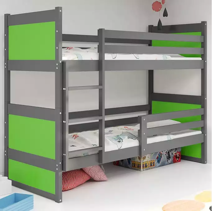 RICO jaunimo dviaukštė lova 90x190 su čiužiniu, grafito/žalia