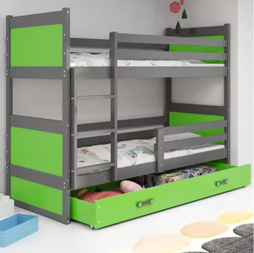 RICO 90X200 jaunimo dviaukštė lova su čiužiniu ir stalčiumi, grafito/žalia