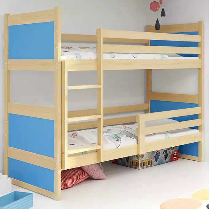 RICO jaunimo dviaukštė lova 90x200 su čiužiniu, pušis/mėlyna