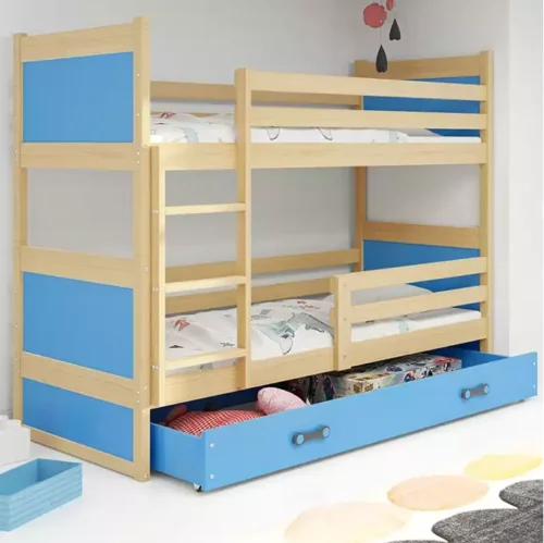 RICO jaunimo dviaukštė lova 90×190 su čiužiniu ir stalčiumi, pušis/mėlyna