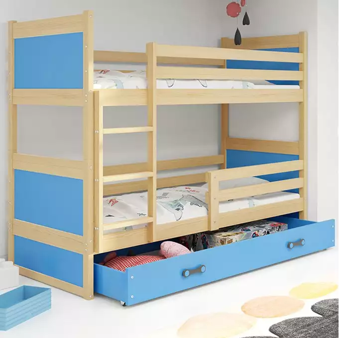 RICO jaunimo dviaukštė lova 90x190 su čiužiniu ir stalčiumi, pušis/mėlyna