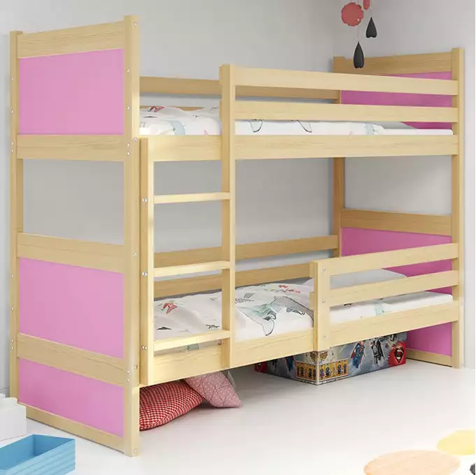 RICO jaunimo dviaukštė lova 90x200 su čiužiniu, pušis/rožinė