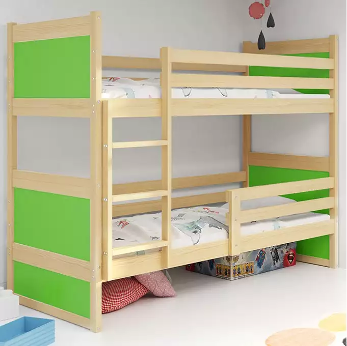 RICO jaunimo dviaukštė lova 90x190 su čiužiniu, pušis/žalia